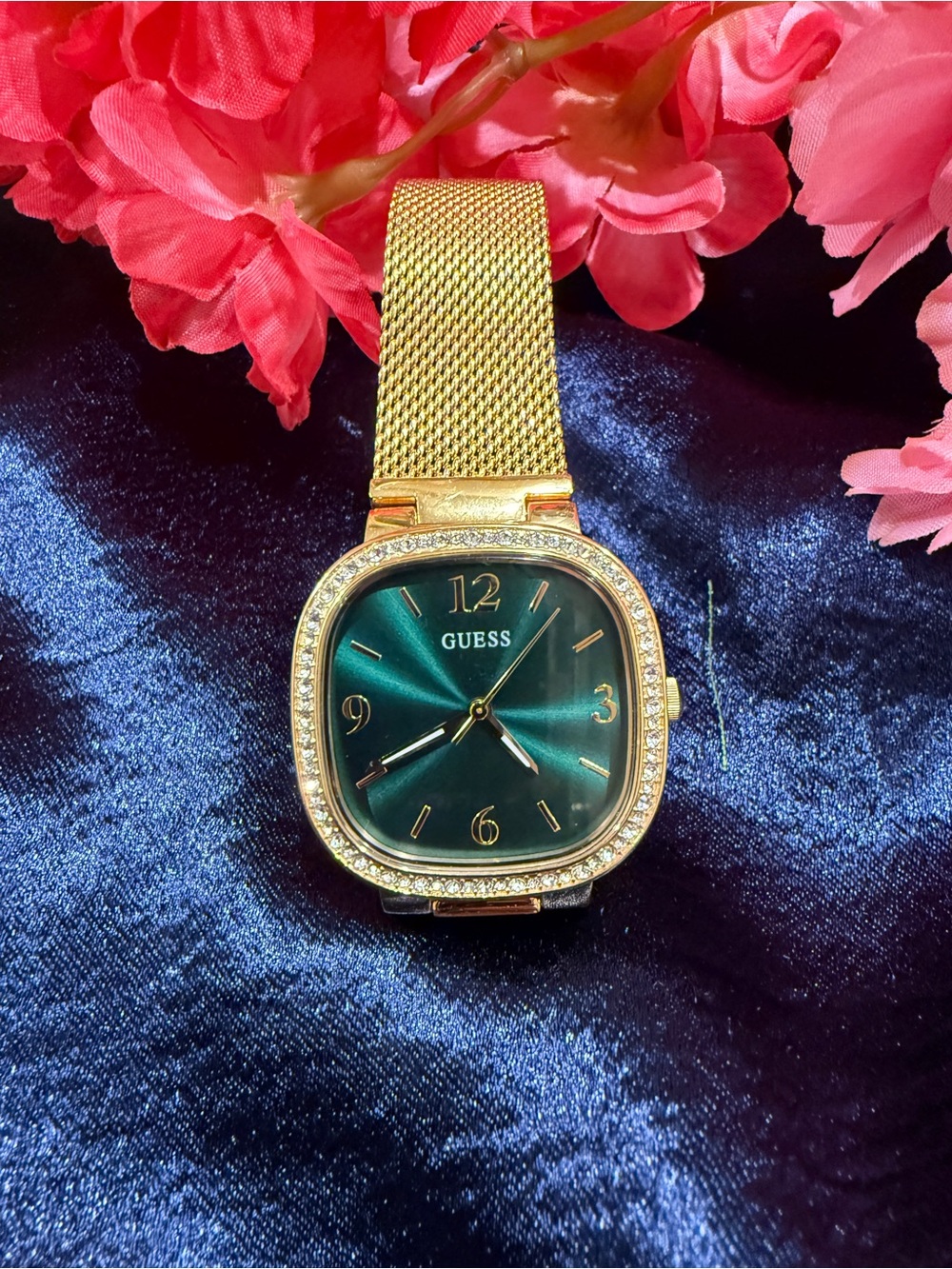 GUESS Gold-Tone Mesh Watch with Emerald Green Dial